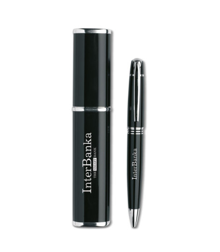Promotional, metal twist ballpoint pen in a box.