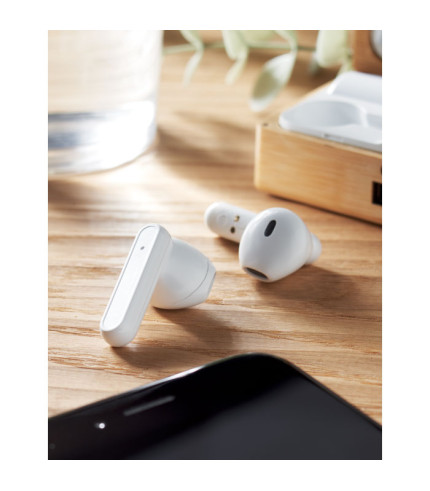 TWS earbuds in bamboo case