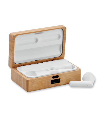 TWS earbuds in bamboo case