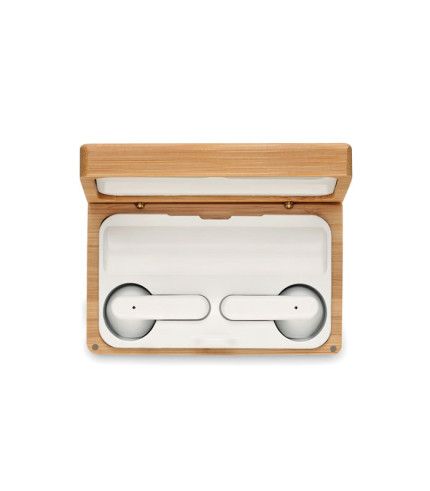 TWS earbuds in bamboo case